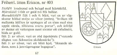Presentation av friherrliga ätten Ericsons vapen (ur Den svenska adelns vapenbok)